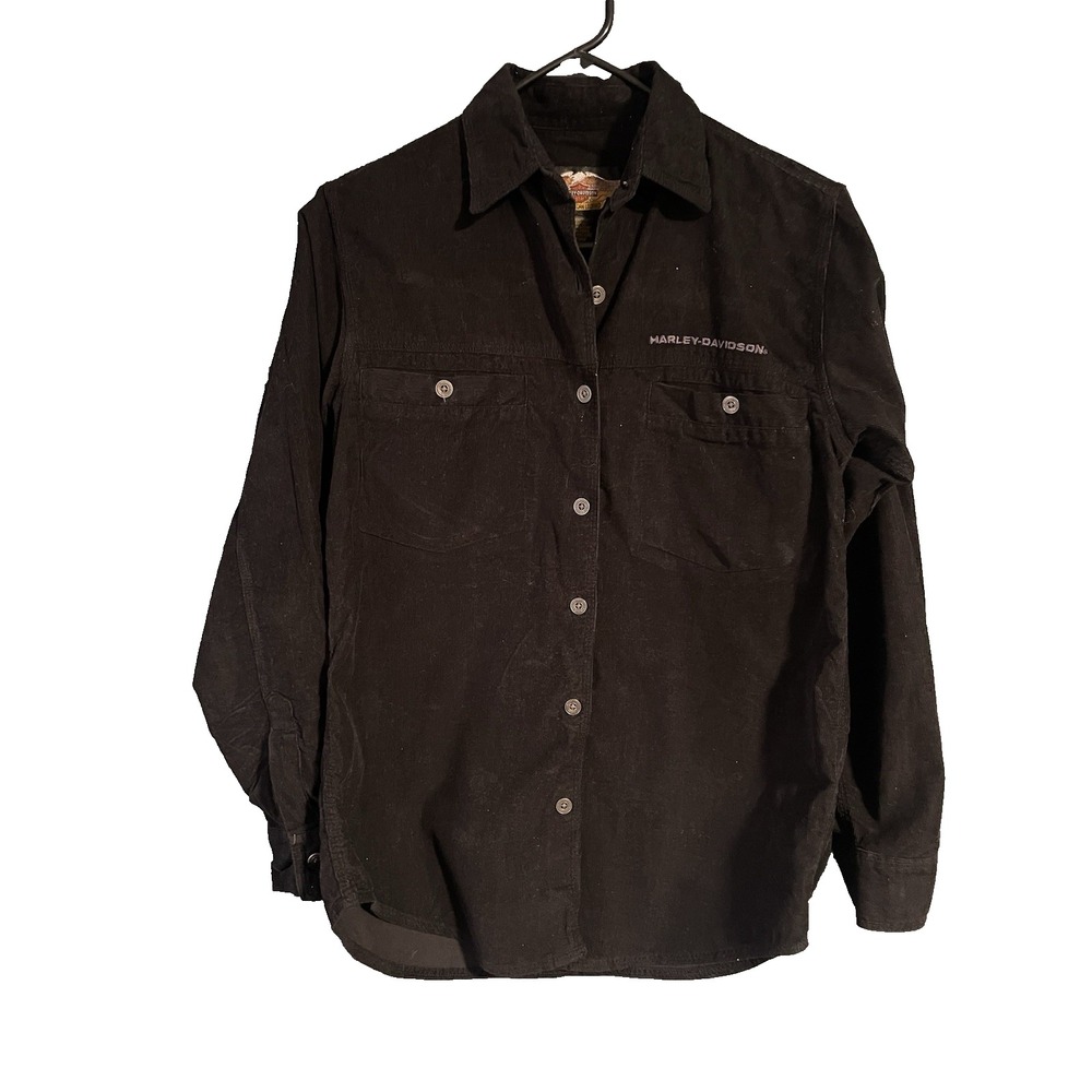 Harley Davidson Womens Black Corduroy Button Up Shirt Long Sleeve Embroidered